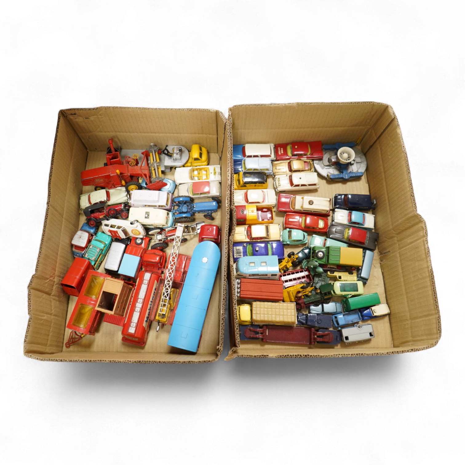 A collection of forty Corgi Toys and fourteen Matchbox Series diecast vehicles, including; The Man From Uncle Oldsmobile, a James Bond Aston Martin DB5 in gold, a Commer 5-ton truck with trailer and a selection of loads,